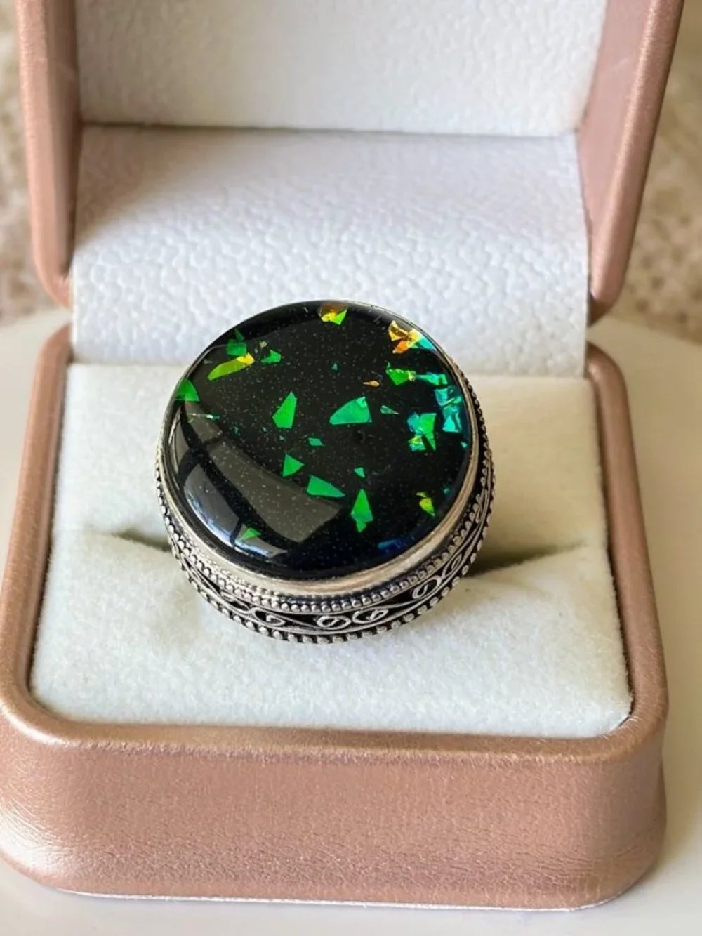 Simulated Fire Black Opal Round Stone Statement Ring 925 Silver Plated - Size 7